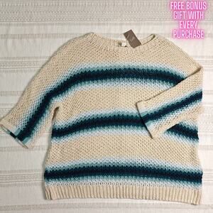 J.Jill Navy Green Striped Sweater Size L Soft Knit Pullover nwt